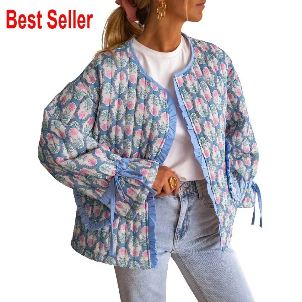 Cropped Quilted Puffer Jacket Lightweight Floral Print Vintage Open Front